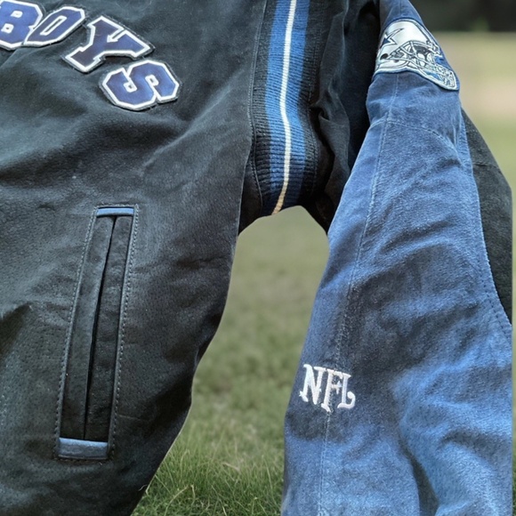 NFL Dallas Cowboys Unisex L Black Blue Suede Leather Lined Varsity Jacket Coat - Picture 8 of 16